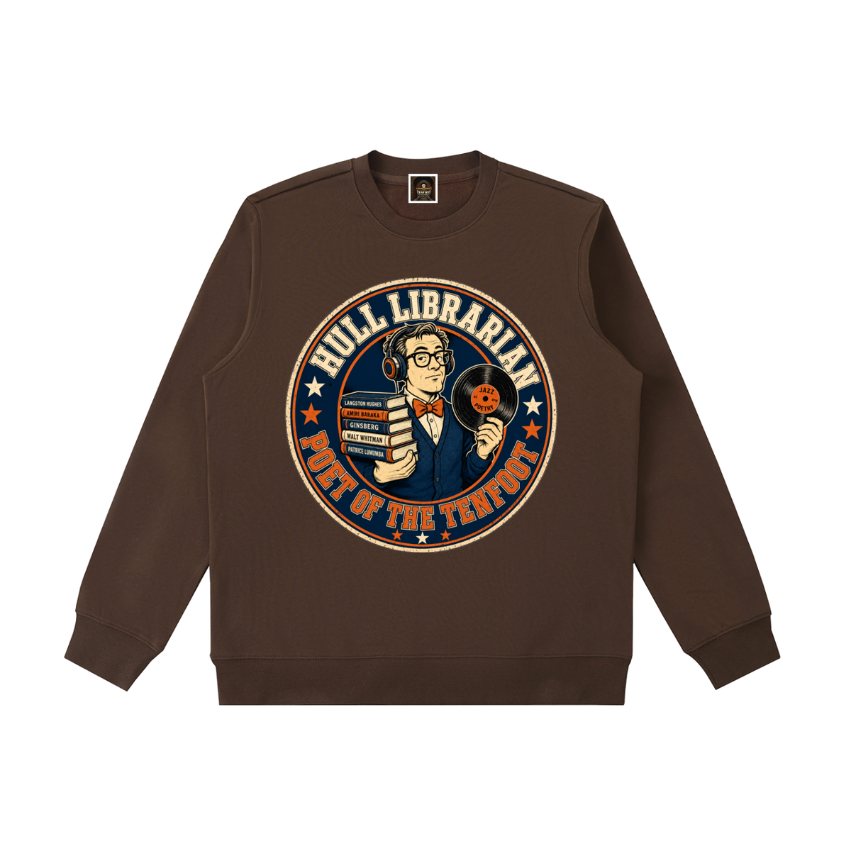 Coffee brown heavyweight crewneck sweatshirt with colorful round library logo graphic front