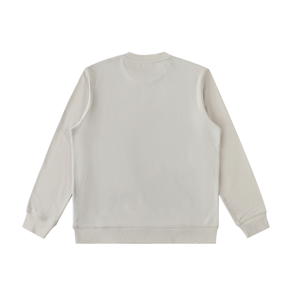 Light gray heavyweight crewneck sweatshirt, plain back view with ribbed cuffs and hem