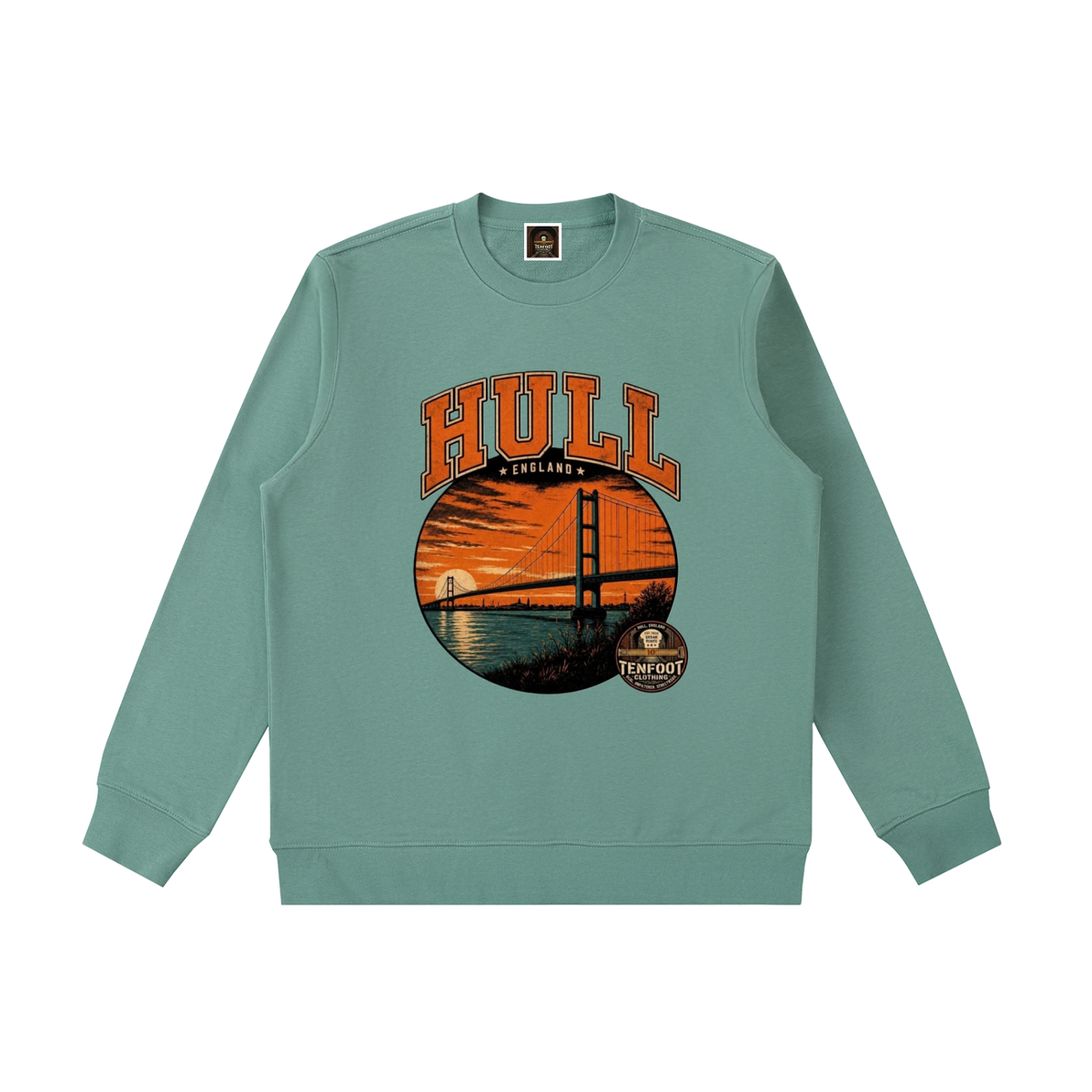 Heavyweight crewneck sweatshirt, green, front graphic with HULL and bridge