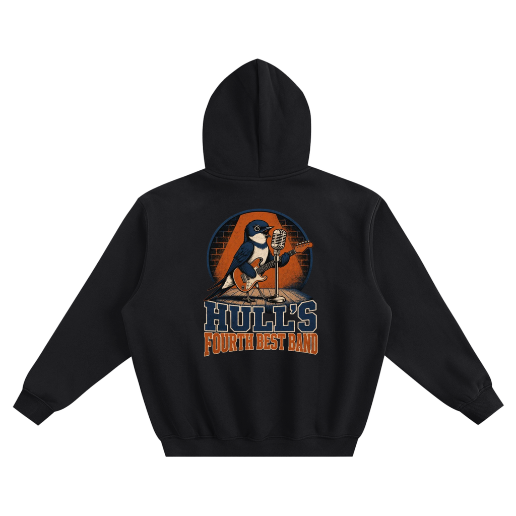 Black boxy pullover hoodie with back graphic and adjustable hood