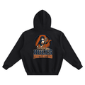 Black boxy pullover hoodie with back graphic and adjustable hood