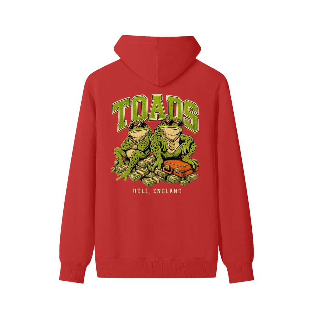 Red unisex cotton hoodie with back graphic print of toads and “HULL, ENGLAND”