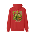 Red unisex cotton hoodie with back graphic print of toads and “HULL, ENGLAND”