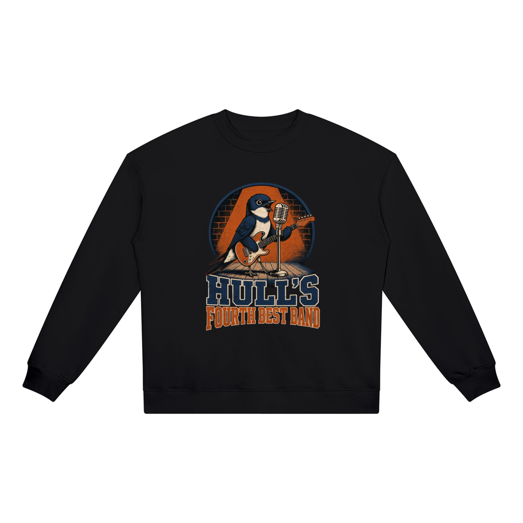 Black crewneck sweatshirt with front band logo graphic print