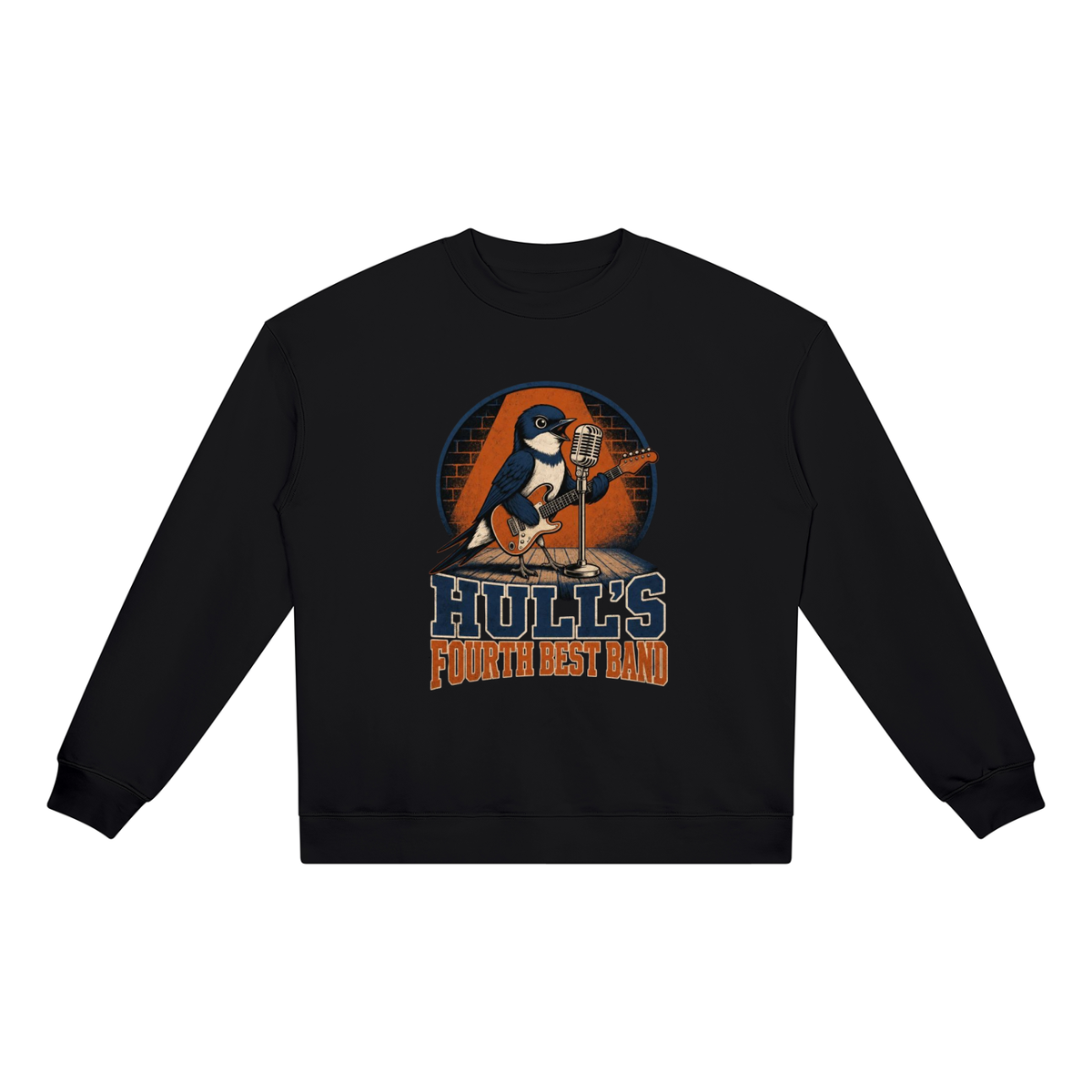 Black crewneck sweatshirt with front band logo graphic print