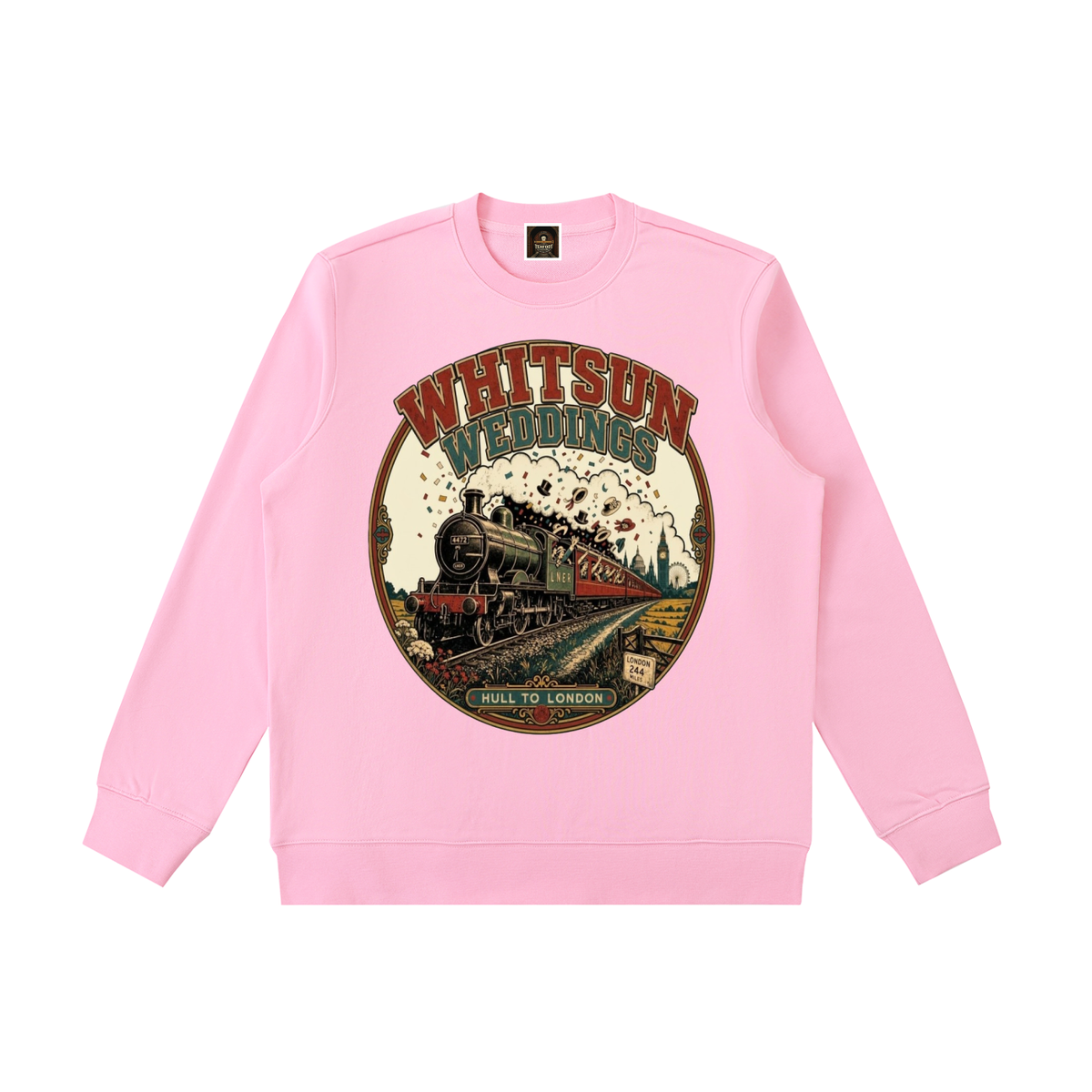 Pink crewneck sweatshirt with front WHITSUN WEDDINGS train graphic and ribbed cuffs