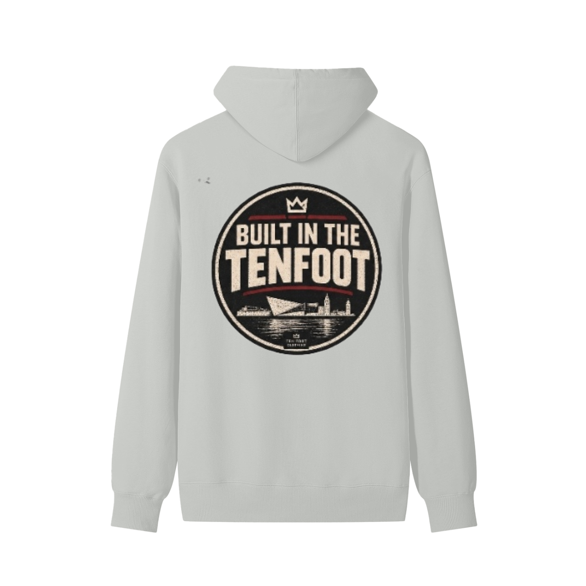Unisex cotton hoodie, white, back view with large "BUILT IN THE TENFOUT" logo.