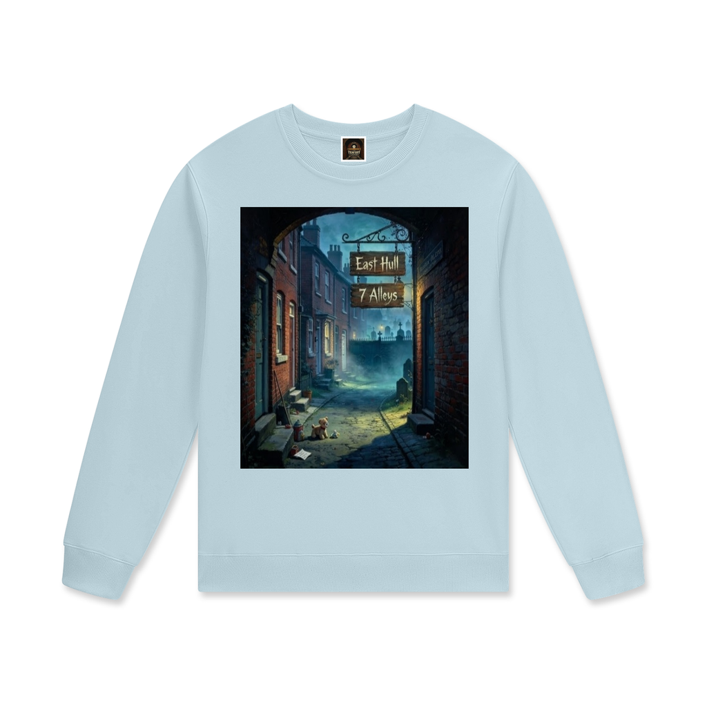 Unisex cotton pullover in light blue with front square city graphic print
