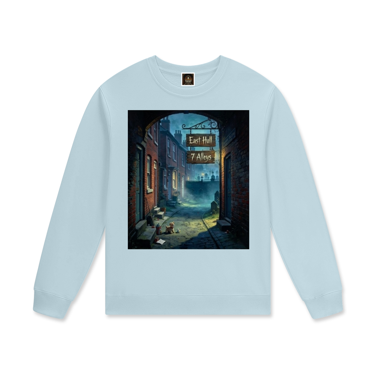 Unisex cotton pullover in light blue with front square city graphic print