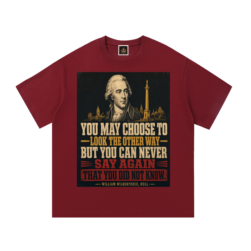 Wine red cotton T-shirt with front graphic print featuring a portrait and city skyline