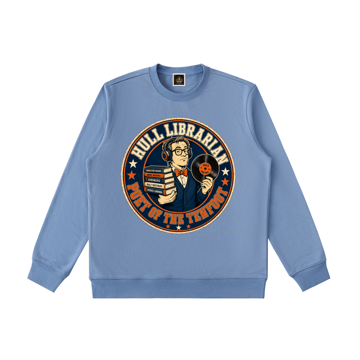 Light blue heavyweight crewneck sweatshirt with circular librarian graphic on chest