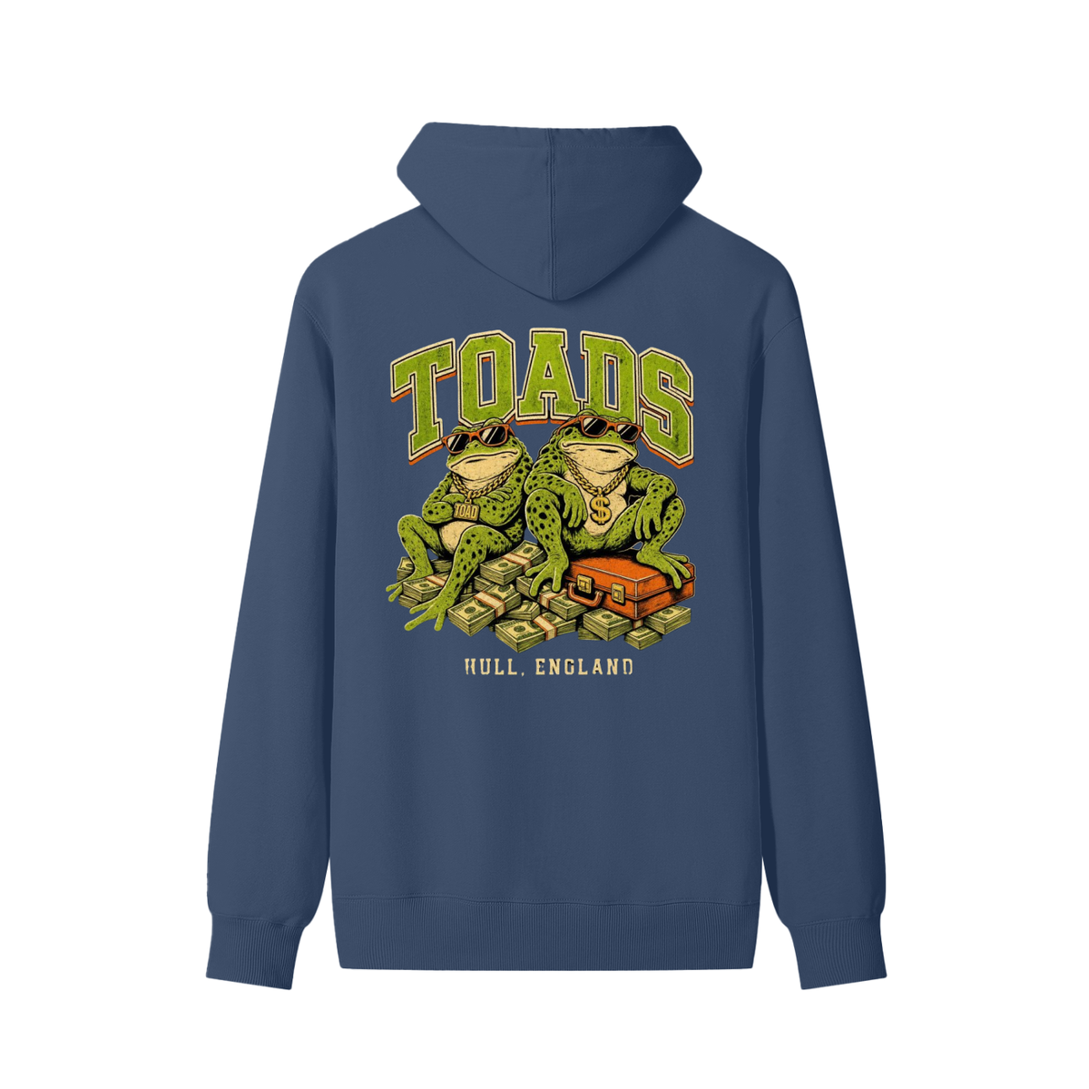 Navy unisex cotton hoodie with back graphic print of toads and “HULL, ENGLAND”