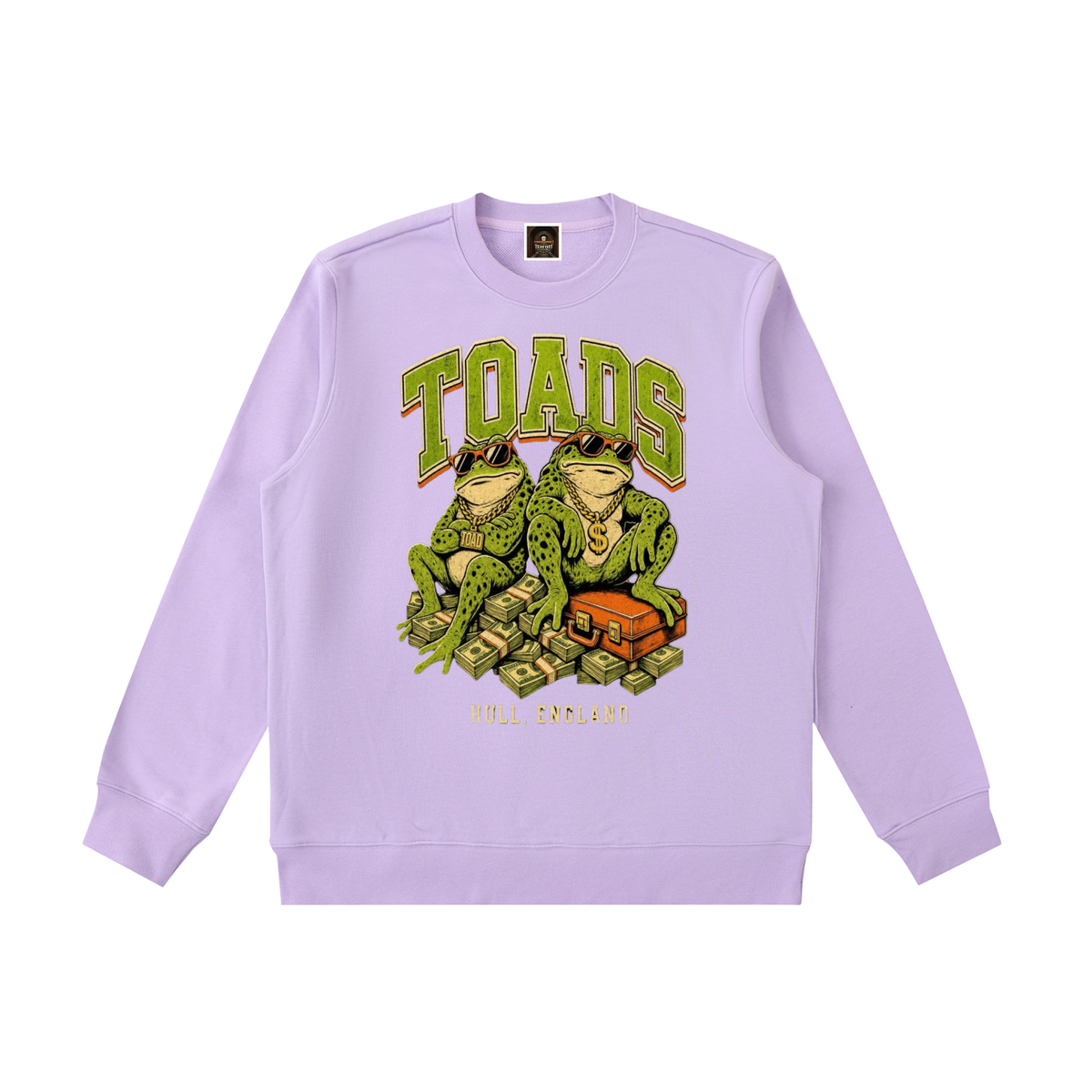 Light purple heavyweight crewneck sweatshirt with colorful TOADS graphic on front