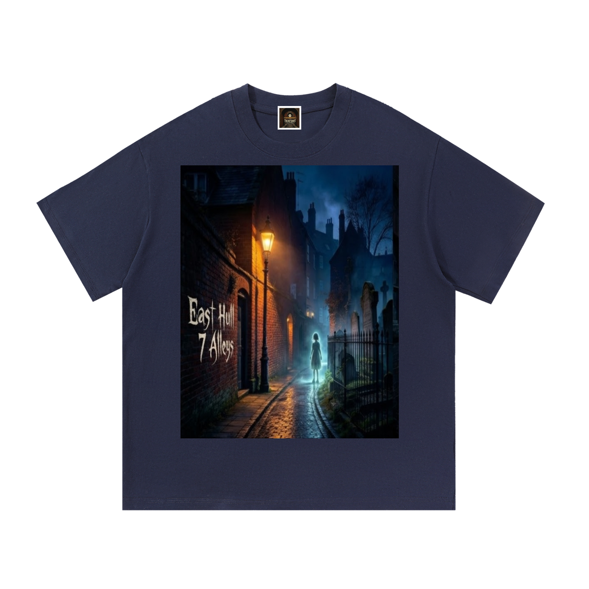 Navy blue cotton crew-neck T-shirt with centered night city graphic print