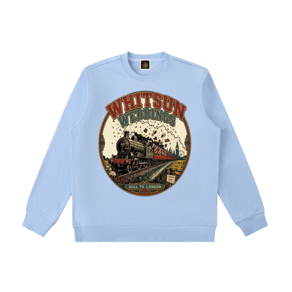 Sky blue crewneck sweatshirt with front graphic print and ribbed cuffs