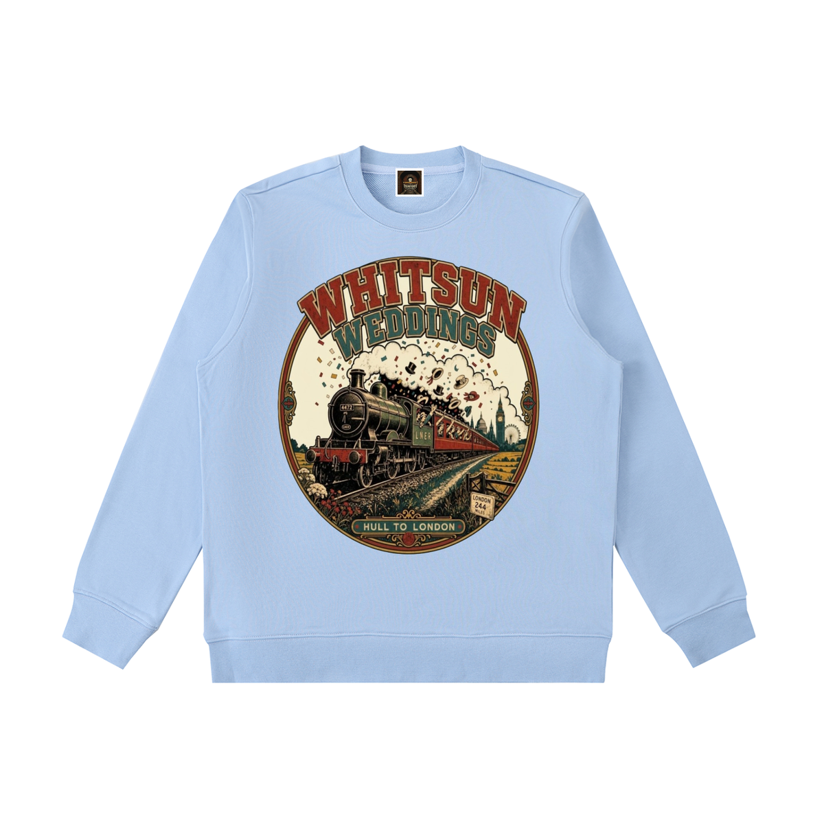 Sky blue crewneck sweatshirt with front graphic print and ribbed cuffs