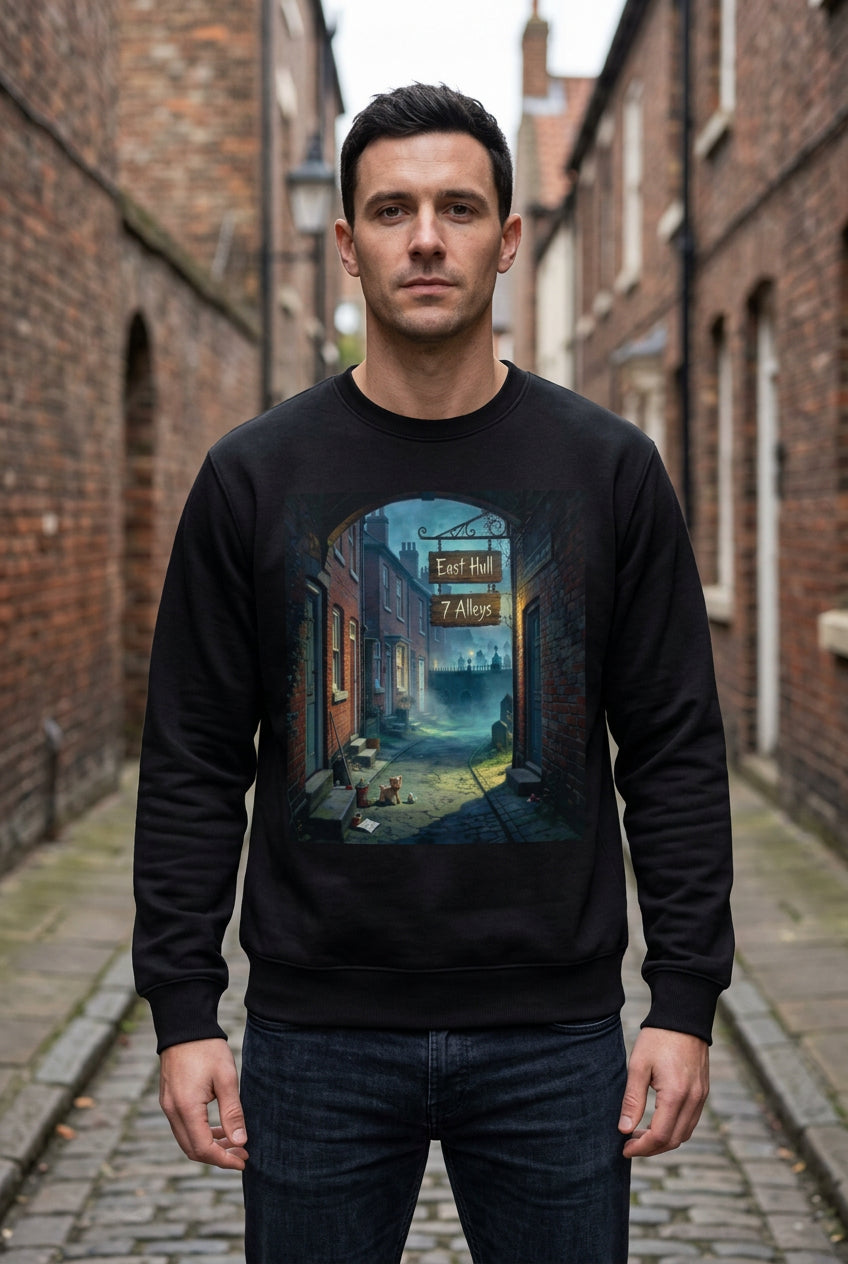 Unisex cotton pullover in dark color with front city graphic print