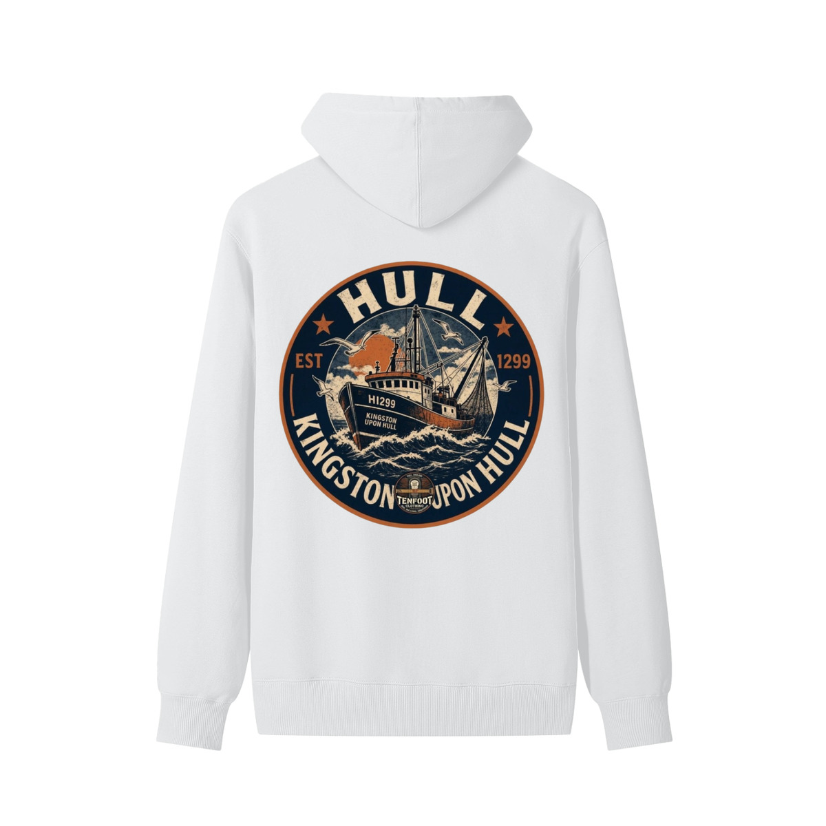 Unisex cotton hoodie in white with back graphic logo, hood drawstrings.