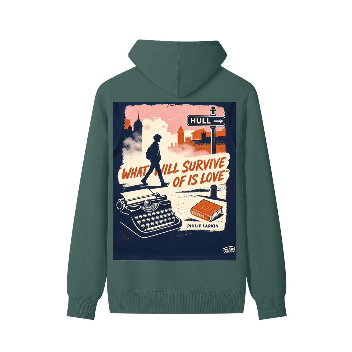 Unisex cotton hoodie in green with large back graphic, hood and front pouch pocket