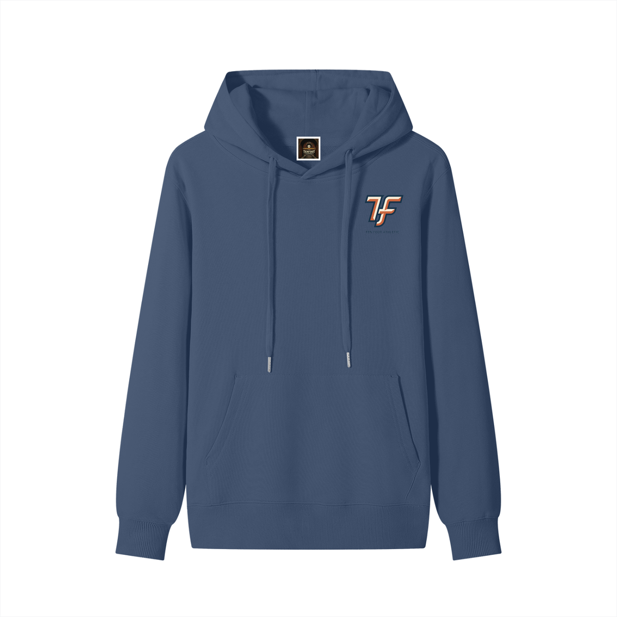 Blue unisex cotton hoodie with hood, drawstrings, front pocket, and 7F logo