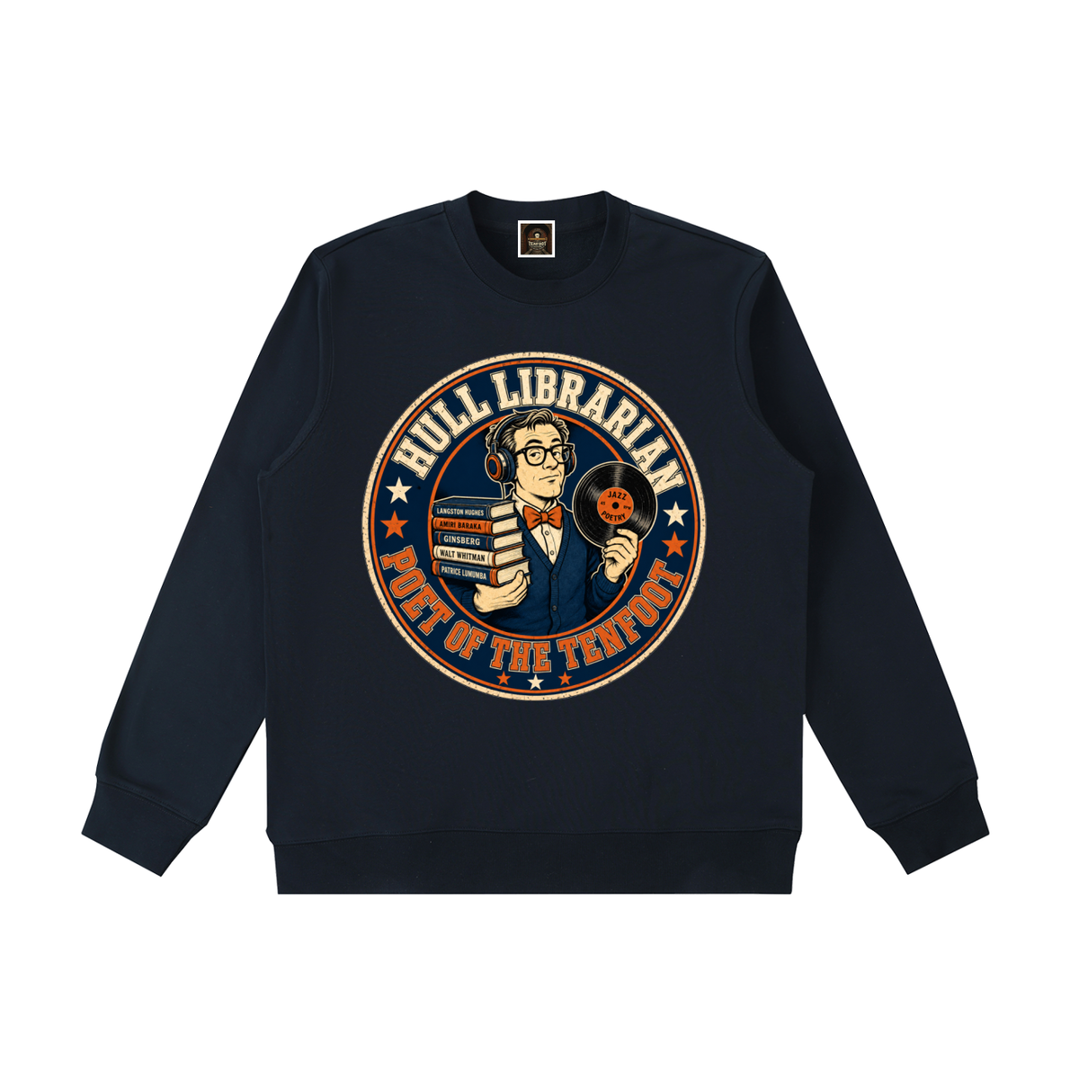 Dark navy heavyweight crewneck sweatshirt with circular librarian graphic on chest