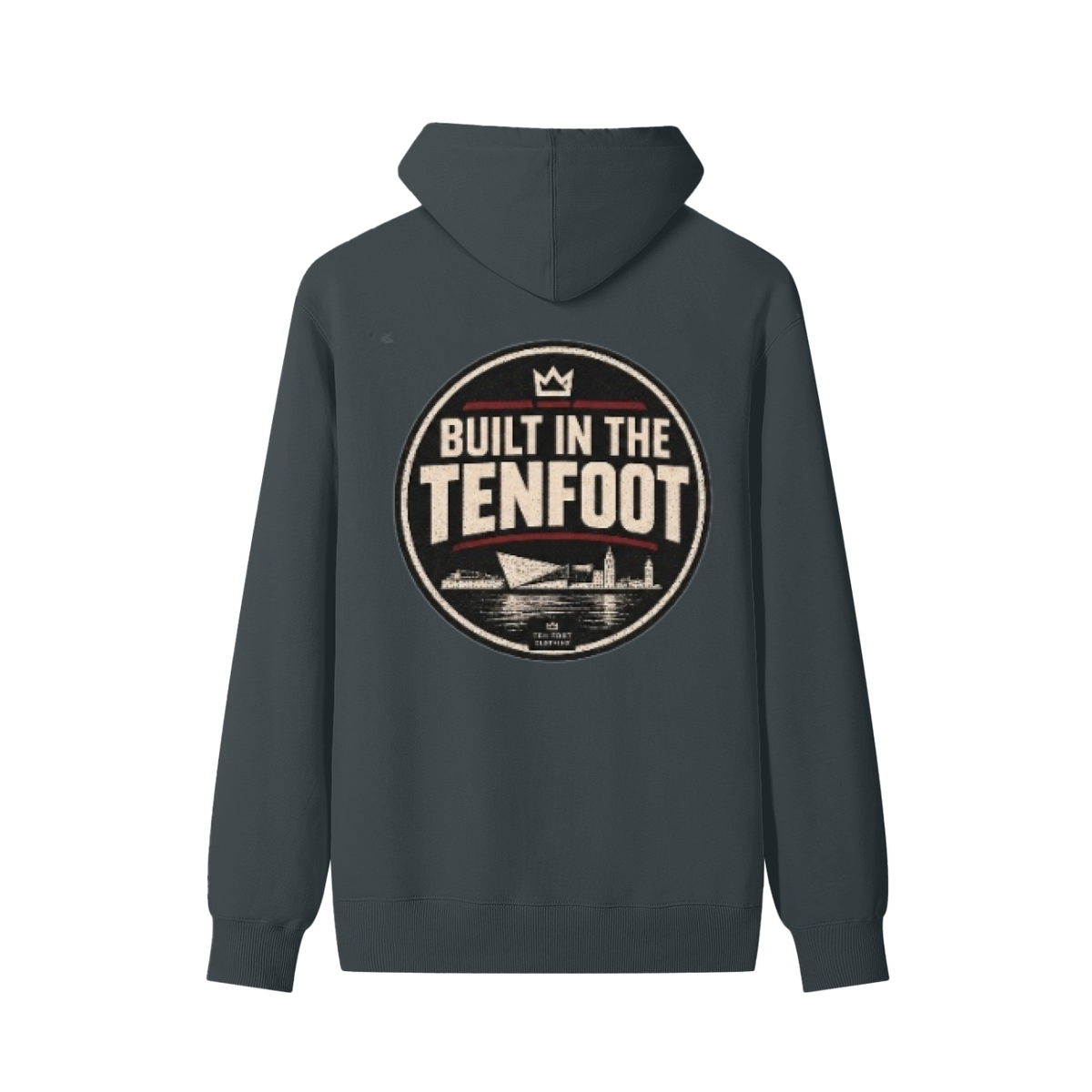 Unisex cotton hoodie in dark gray with large chest logo print and drawstring hood