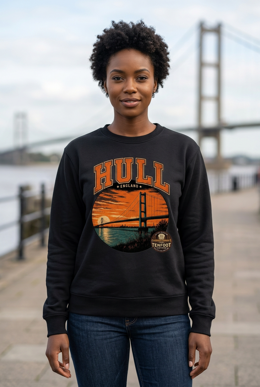 Hull Bridge sweatshirt with a new model at the waterfront