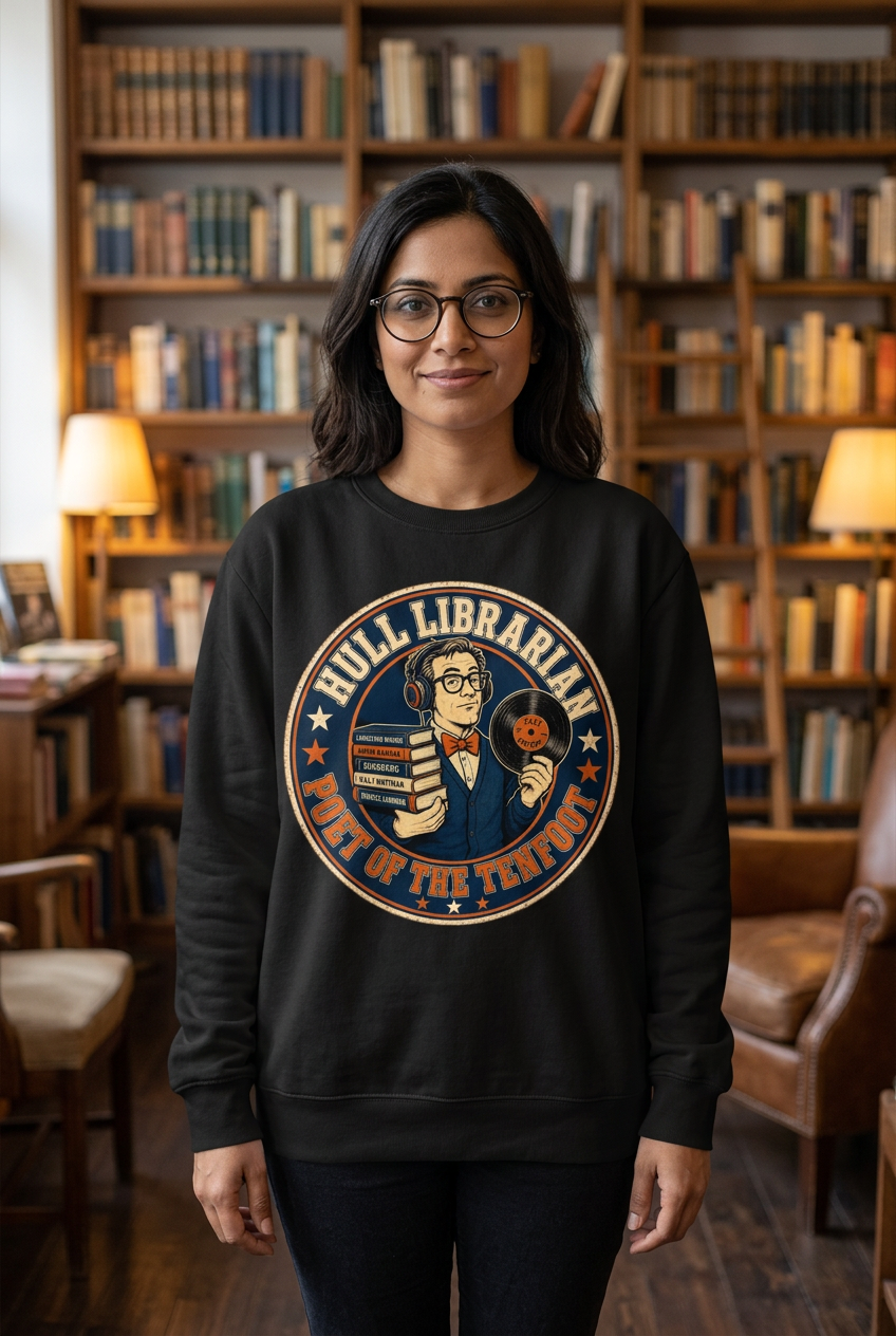 Librarian sweatshirt with a new model in a bookshop
