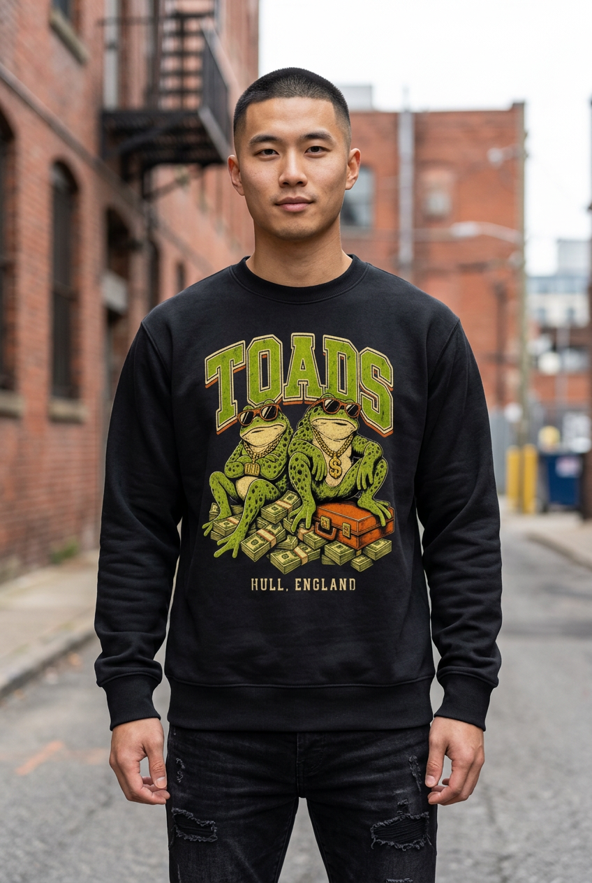 Toad sweatshirt with a new model against an urban brick backdrop