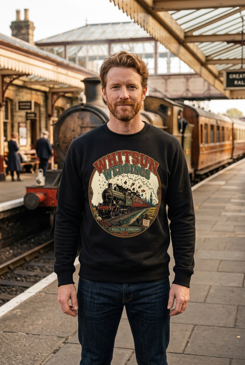 Whitsun sweatshirt with a new model at a heritage station
